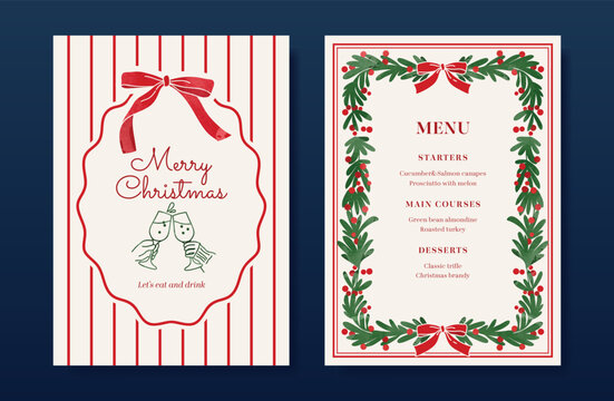 Christmas and New Year dinner invitation and menu template card set.  design for drink menu, promotion, beverages, ads.