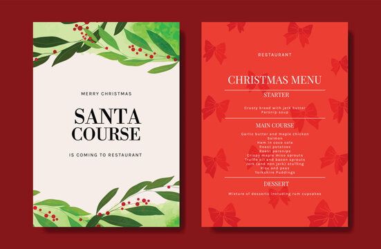 Christmas and New Year dinner invitation and menu template card set.  design for drink menu, promotion, beverages, ads.