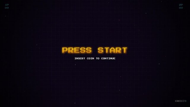 Retro 8bit arcade game interface featuring glowing orange press start prompt on a dark pixel grid background.