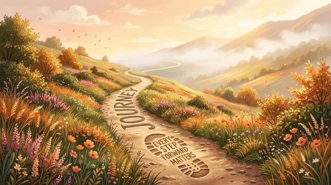 Winding road through scenic hills, with the word 'JOURNEY' imprinted on the path, symbolizing life's progression.