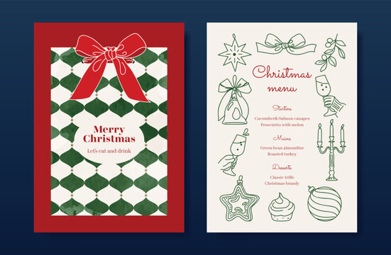 Christmas and New Year dinner invitation and menu template card set.  design for drink menu, promotion, beverages, ads.