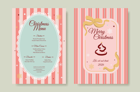 Christmas and New Year dinner invitation and menu template card set.  design for drink menu, promotion, beverages, ads.