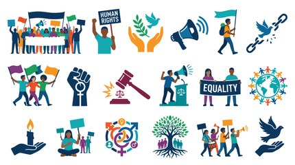 Naklejka premium Flat Vector Social Justice and Human Rights Icons Collection. Equality, Diversity, Protest, and Activism.