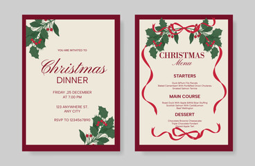 Naklejka premium Christmas and New Year dinner invitation and menu template card set. design for drink menu, promotion, beverages, ads.