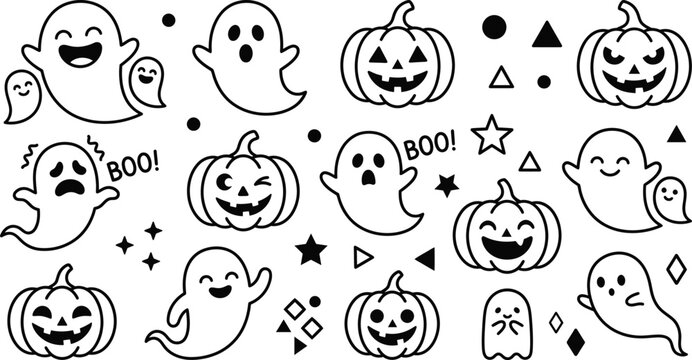Collection of spooky halloween icons featuring ghosts, pumpkins, and stars