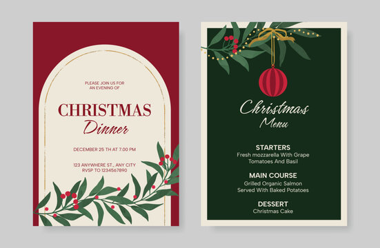 Christmas and New Year dinner invitation and menu template card set.  design for drink menu, promotion, beverages, ads.