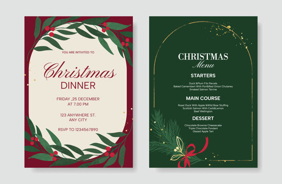 Christmas and New Year dinner invitation and menu template card set.  design for drink menu, promotion, beverages, ads.