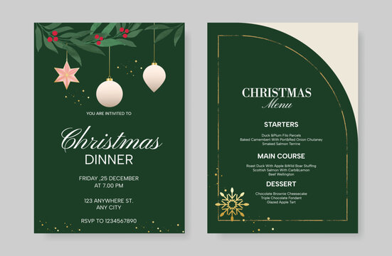 Christmas and New Year dinner invitation and menu template card set.  design for drink menu, promotion, beverages, ads.
