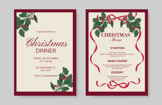 Christmas and New Year dinner invitation and menu template card set.  design for drink menu, promotion, beverages, ads.