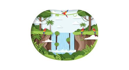 Fototapeta premium Tropical jungle waterfall with colorful parrots and lush plants