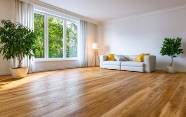 Fototapeta premium Elegant Modern Living Room with Oak Flooring and Large Windows Overlooking Lush Greenery
