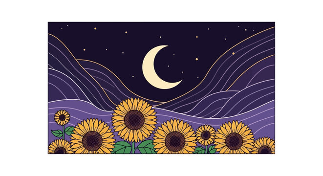 Sunflowers blooming under a crescent moon in a starry night landscape