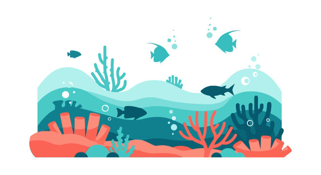 Underwater coral reef scene with tropical fish and colorful flora