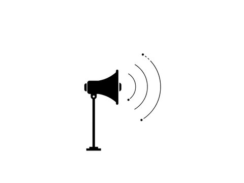 Minimalist black of a megaphone on a stand with sound waves radiating outward isolated on a plain white background, for communication