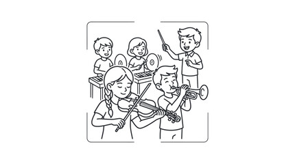 Sleek Black and White of Children Playing Various Musical Instruments Together in Harmony with high quality professional line art symbols for modern creative design and digital branding projects © MUH