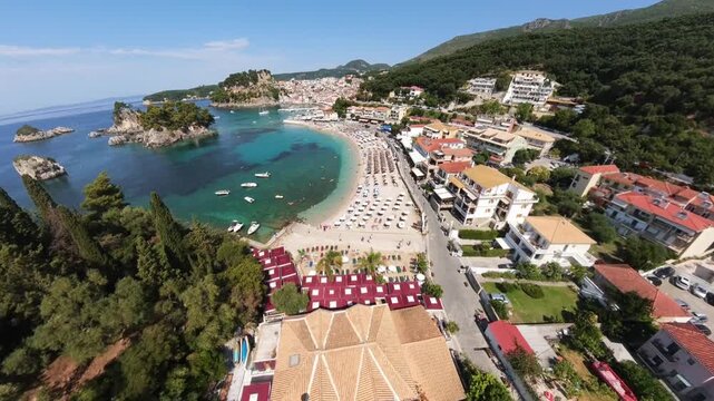 Parga resort town, mainland coastal town in Greece, Aerial view