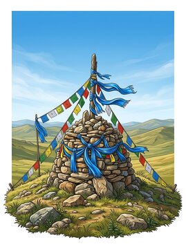 Traditional mongolian ovoo stone cairn with colorful prayer flags
