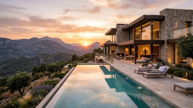 Luxury house terrace with infinity swimming pool overlooking epic sunset mountain view.