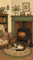 Obraz premium Cozy vintage room with a cat by the fireplace, perfect for mobile wallpaper.