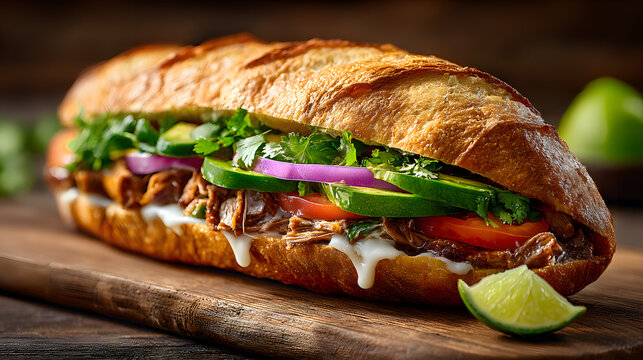 A cemita sandwich is displayed on a wooden board. It includes pork, avocado, onions, and jalapenos. Lime wedges are next to the sandwich. The setting is warm and inviting.