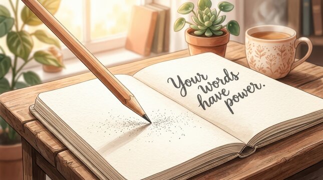 Creative writing inspiration: pencil writing on open book with motivational quote "Your words have power."