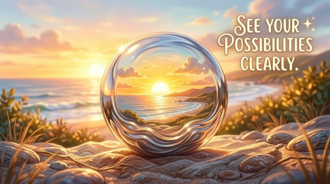 Crystal ball reflecting sunset beach and ocean, symbolizing clear future possibilities and hope