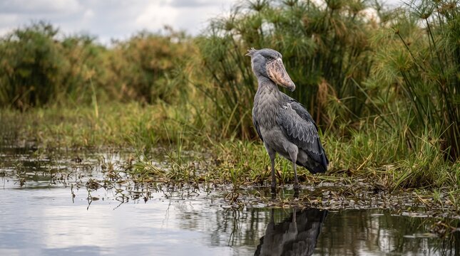 Majestic shoebill stork standing in shallow marshy water with detailed grey feathers and a large prehistoric beak looking around calmly