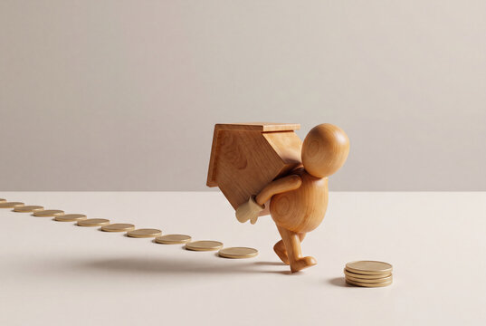 Mortgage burden concept, wooden figure carrying a house on its back along a trail of gold coins, home loan and debt