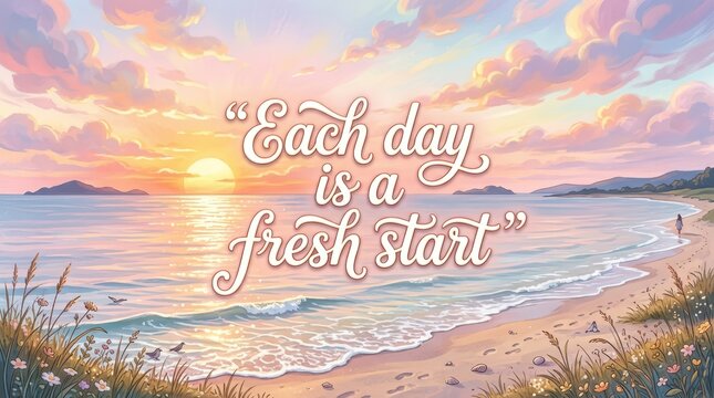 Inspirational sunrise over ocean with phrase 'Each day is a fresh start' written in elegant script