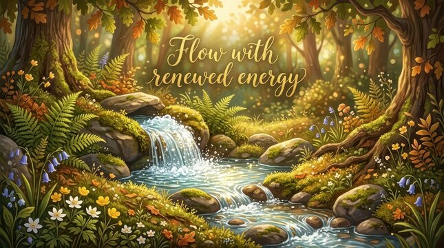 Magical forest stream with cascading waterfall, mossy rocks, blooming wildflowers, and golden sunlight filtering through trees, evoking a sense of ren