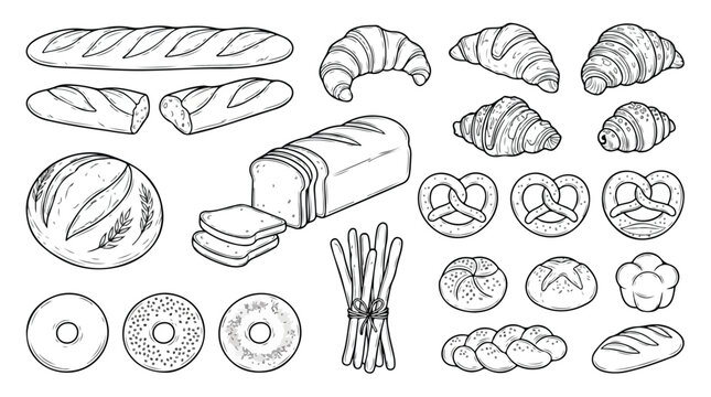 Hand drawn bakery bread collection, 20 vector line art icons of croissants and baguettes, rustic sketch of assorted pastry and dough products