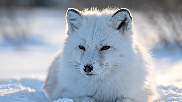 A majestic arctic fox rests peacefully upon the frozen tundra during a bright winter morning, showcasing its thick snowy fur coat as natural sunlight illuminates the cold landscape in this scene