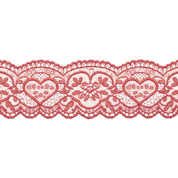 Red decorative lace trim featuring intricate heart patterns on transparent background
