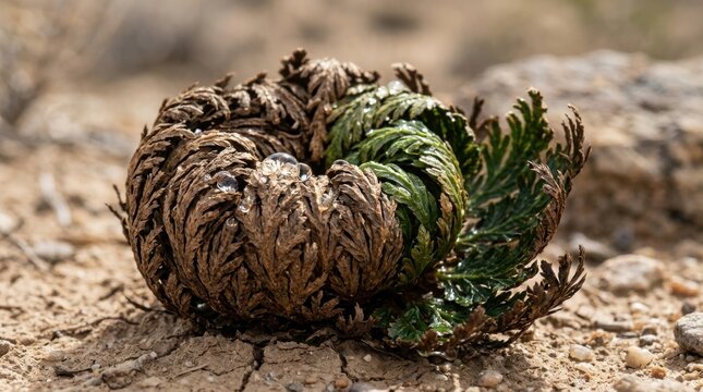 Resilient desert rose of jericho resurrection plant rolled tightly on dry cracked clay soil during extreme arid drought weather