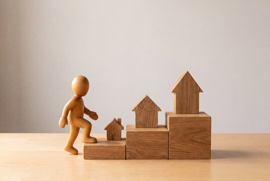 Property ladder concept, wooden figure climbing steps with houses increasing in size, real estate and home upgrade