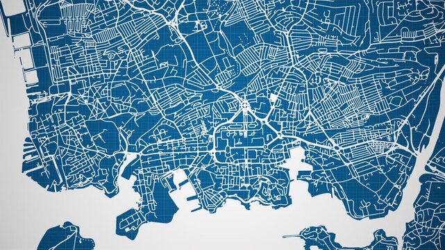 Ink reveal animation of Plymouth city, Devon, United Kingdom, grid map. Aerial top view. Blueprint style. White lines with blue background. 4K Seamless loop.