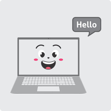 Cute laptop character vector illustration with hello speech bubble on grey background