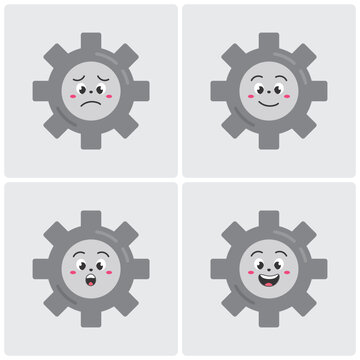 Cute gear character vector set with different facial emotions on grey background