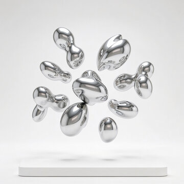 Contemporary abstract chrome artwork featuring multiple floating metallic forms in harmonious composition, mirror-like reflections, minimalist luxury gallery environment, seamless white background, pr