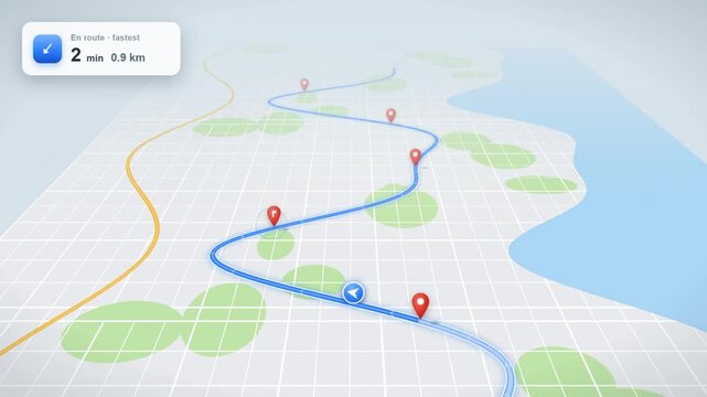 Animated 3D navigation map with route location pins and moving direction on city grid