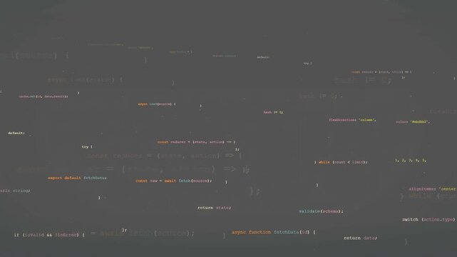 Abstract digital background with scrolling computer code and programming language syntax on dark screen