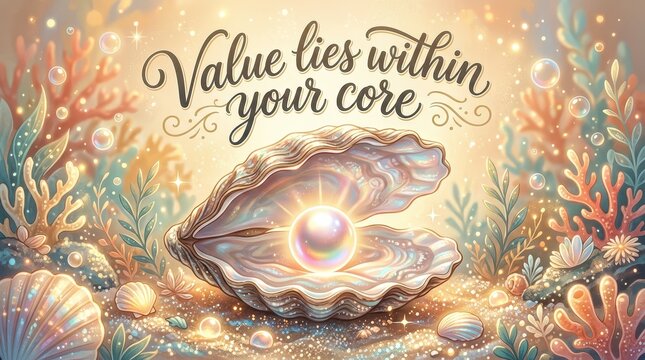 Oyster reveals radiant pearl, embodying hidden value and inner beauty in a magical underwater coral reef setting with inspirational quote