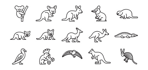Fototapeta premium Australian animals line art icon set featuring kangaroo, koala, and crocodile