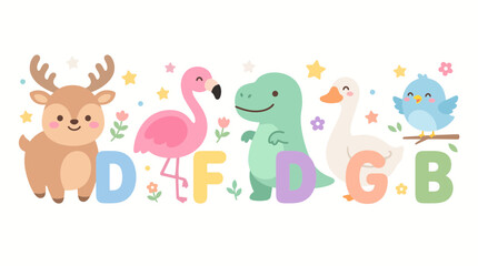 Naklejka premium Kawaii Animal Alphabet Illustration Featuring Cute Creatures and Pastel Letters