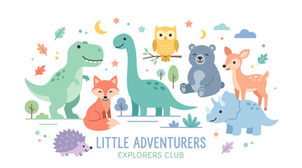Obraz premium Children's Wall Art Featuring Cute Forest Animals and Dinosaurs Explorers Club