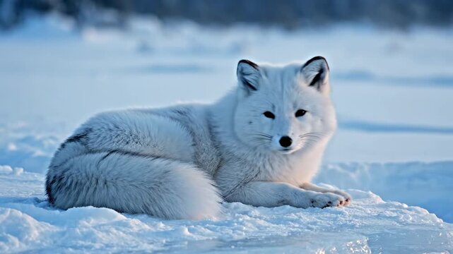 A fluffy native arctic fox rests peacefully upon the frozen tundra ice during a bright winter afternoon as the sunlight glimmers across the beautiful natural landscape within the wild polar