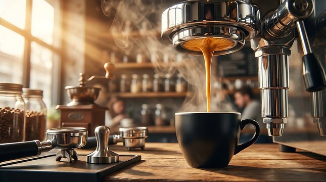 Fresh espresso pouring from a professional machine into a black ceramic cup inside a cozy sunlit cafe with rising steam and coffee beans