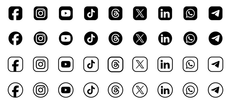 Social media network icons set black and white featuring facebook, instagram, youtube, tiktok, threads, x, linkedin, whatsapp, telegram