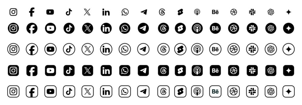 Social media black icons set instagram, facebook, youtube, tiktok, x, linkedin, whatsapp, telegram, threads, youtube shorts, apple podcasts, behance, dribbble, slack, openai in 2026