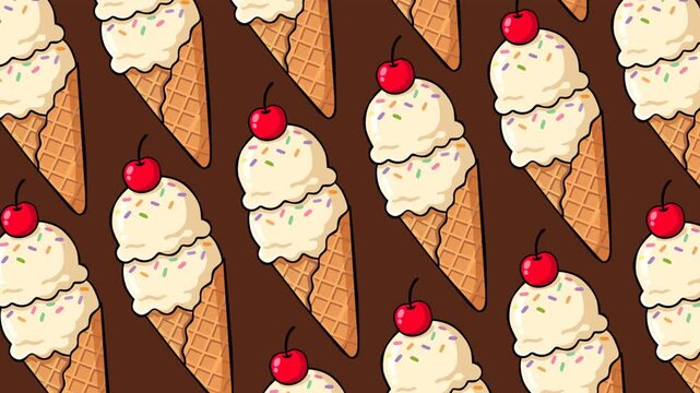 Vanilla ice cream cones topped with colorful sprinkles and bright red cherries arranged in a playful seamless pattern on a rich chocolate background, perfect for summer packaging and sweet branding